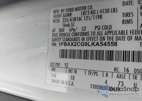 2020 Ford Transit-350 Passenger Van Xlt z USA, uszkodzony, nr VIN 1FBAX2CG9LKA54558